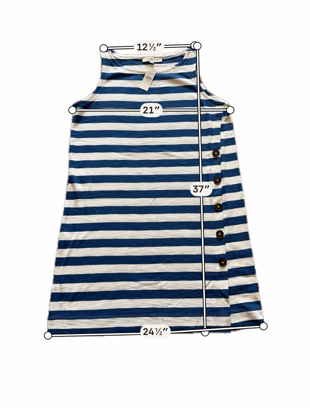 LOFT Blue & White Striped Sleeveless Mini Dress with Side Buttons